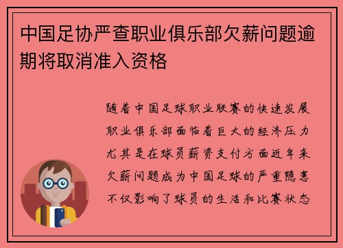 中国足协严查职业俱乐部欠薪问题逾期将取消准入资格